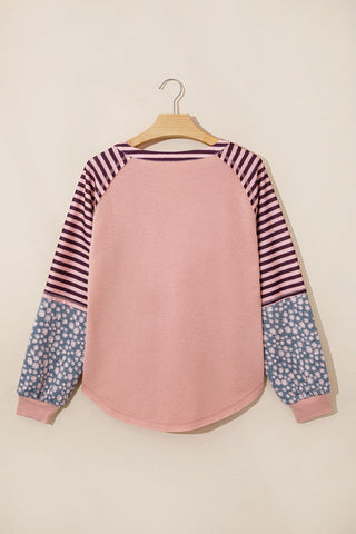 Pink V Neck Colorblock Patchwork Striped Floral Long Sleeve Casual Top