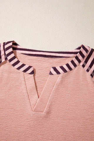 Pink V Neck Colorblock Patchwork Striped Floral Long Sleeve Casual Top