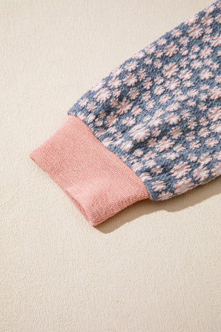 Pink V Neck Colorblock Patchwork Striped Floral Long Sleeve Casual Top