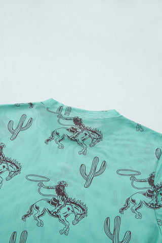 Turquoise rodeo Western Print High Neck Long Sleeve  Mesh Top