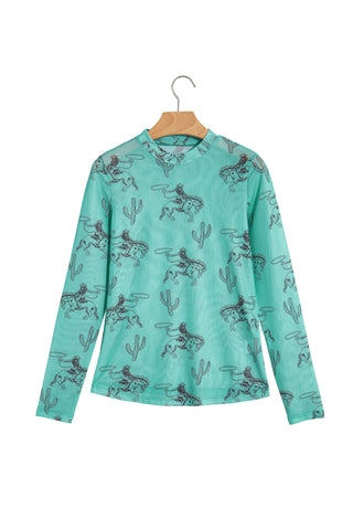 Turquoise rodeo Western Print High Neck Long Sleeve  Mesh Top