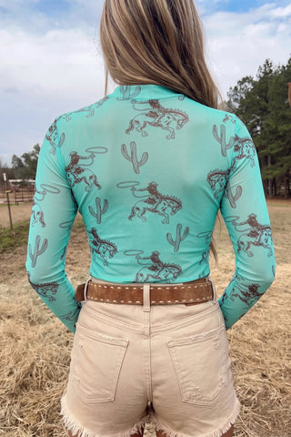 Turquoise rodeo Western Print High Neck Long Sleeve  Mesh Top