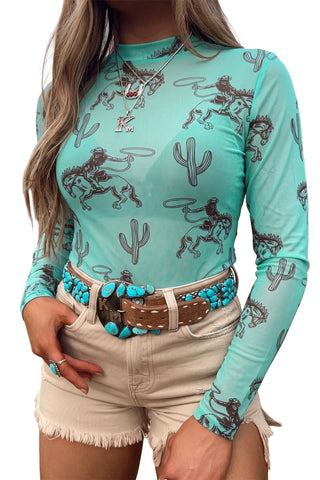 Turquoise rodeo Western Print High Neck Long Sleeve  Mesh Top