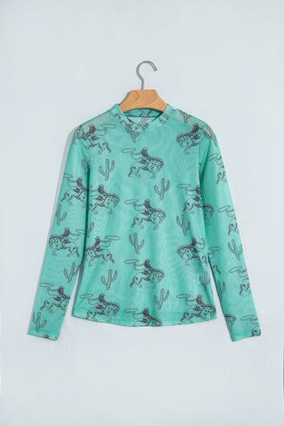 Turquoise rodeo Western Print High Neck Long Sleeve  Mesh Top