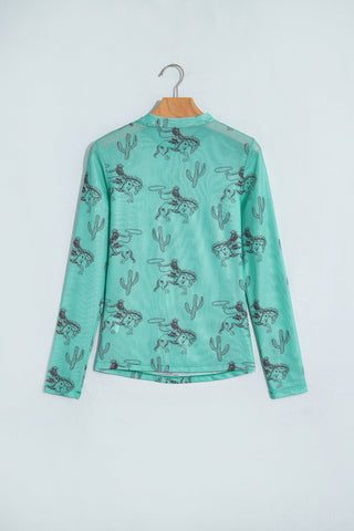 Turquoise rodeo Western Print High Neck Long Sleeve  Mesh Top