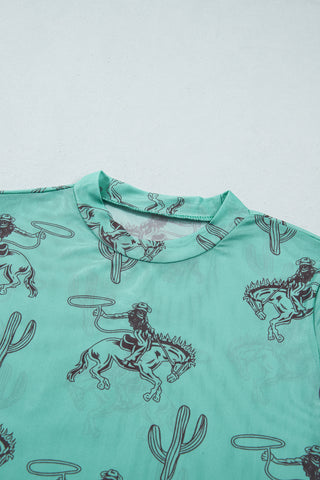 Turquoise rodeo Western Print High Neck Long Sleeve  Mesh Top