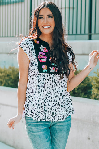 CLEARANCE Black & White Animal Print Flower Embroidered Tunic Short Sleeve Top