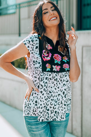 CLEARANCE Black & White Animal Print Flower Embroidered Tunic Short Sleeve Top