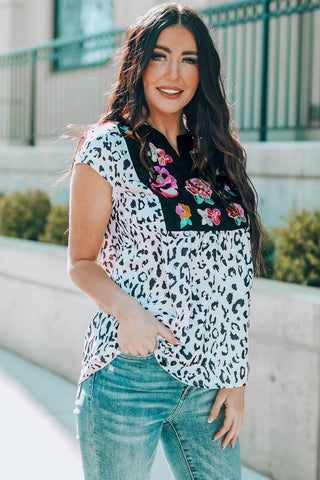 CLEARANCE Black & White Animal Print Flower Embroidered Tunic Short Sleeve Top
