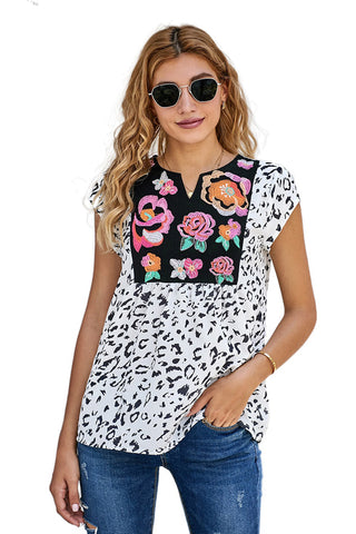 CLEARANCE Black & White Animal Print Flower Embroidered Tunic Short Sleeve Top