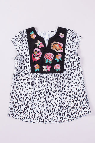 CLEARANCE Black & White Animal Print Flower Embroidered Tunic Short Sleeve Top