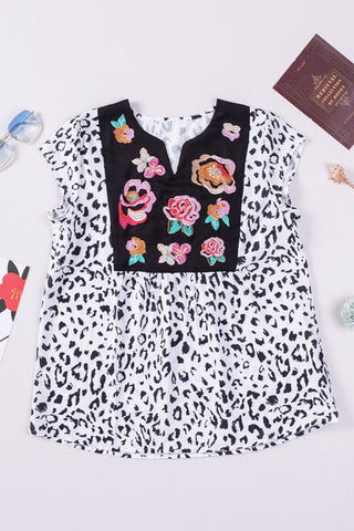 CLEARANCE Black & White Animal Print Flower Embroidered Tunic Short Sleeve Top