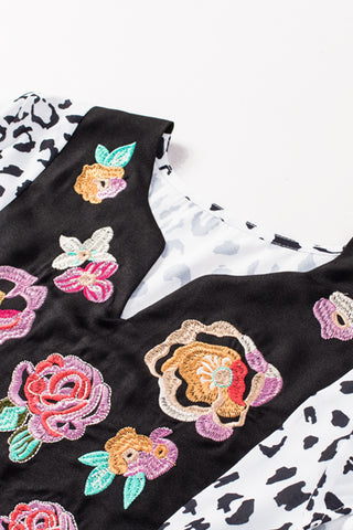 CLEARANCE Black & White Animal Print Flower Embroidered Tunic Short Sleeve Top