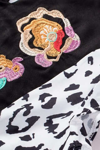 CLEARANCE Black & White Animal Print Flower Embroidered Tunic Short Sleeve Top