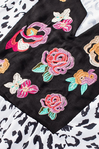 CLEARANCE Black & White Animal Print Flower Embroidered Tunic Short Sleeve Top