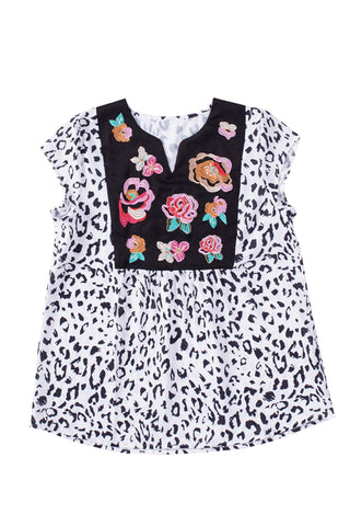 CLEARANCE Black & White Animal Print Flower Embroidered Tunic Short Sleeve Top