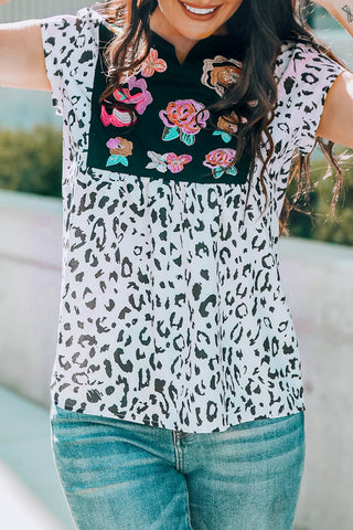 CLEARANCE Black & White Animal Print Flower Embroidered Tunic Short Sleeve Top