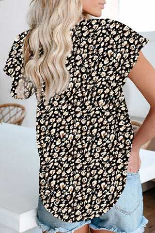 Black V-neck Short Sleeve Fashion Print Blouse