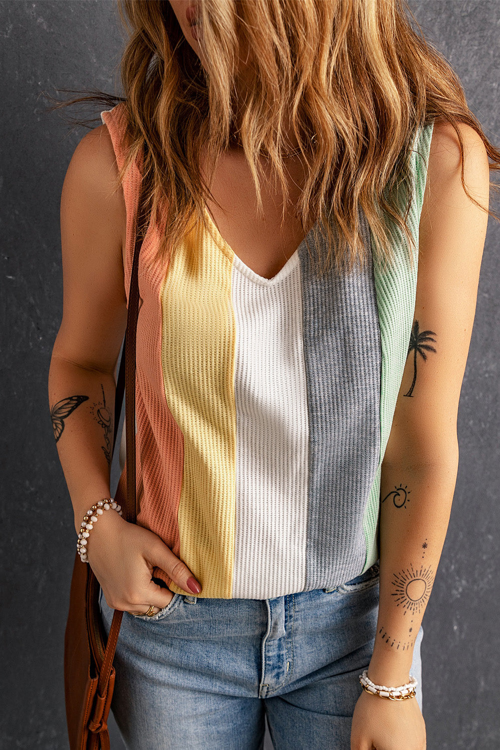 Multicolor Color Block Casual V Neck Waffle Knit Tank Top