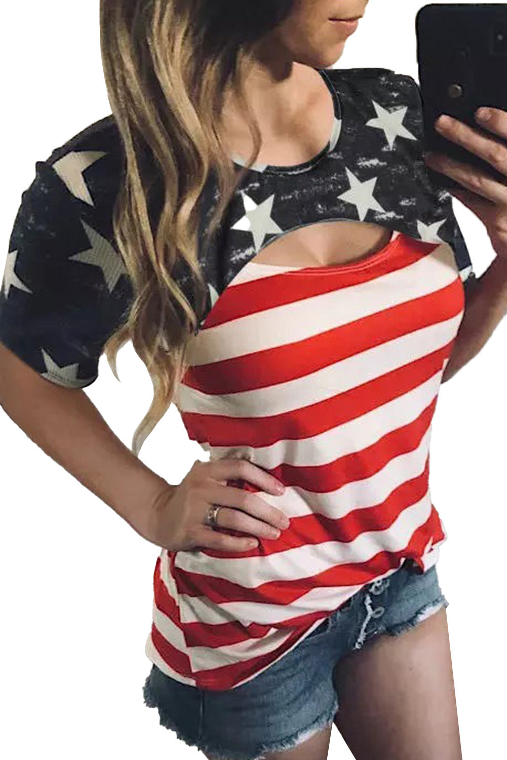 American Flag Cut Out Short Sleeve Crew Neck T Shirt