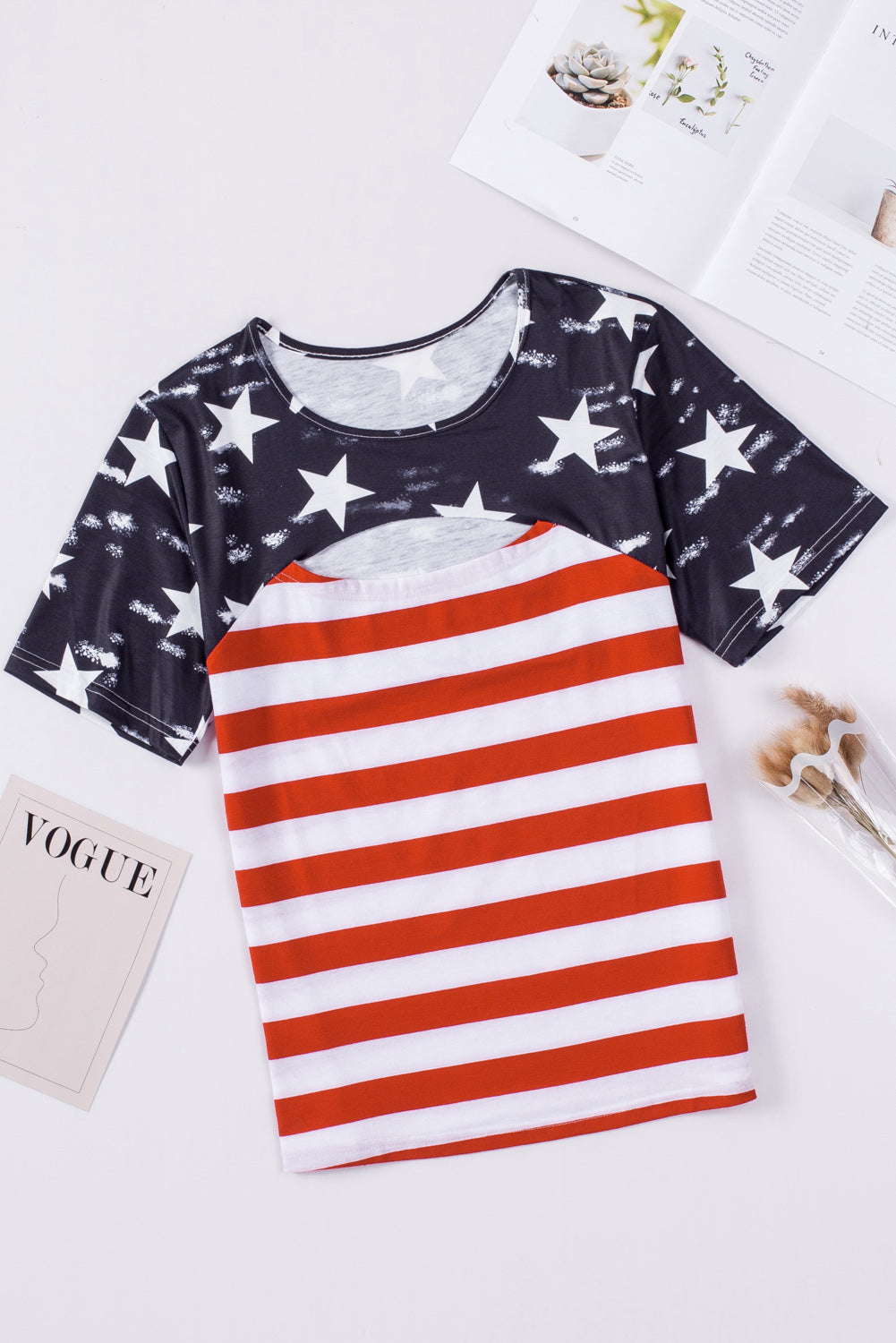 American Flag Cut Out Short Sleeve Crew Neck T Shirt