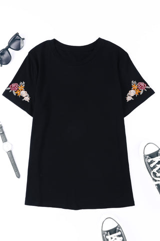 CLEARANCE Casual Floral Embroidered Round Neck T Shirt