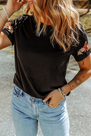 CLEARANCE Casual Floral Embroidered Round Neck T Shirt