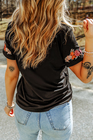 CLEARANCE Casual Floral Embroidered Round Neck T Shirt
