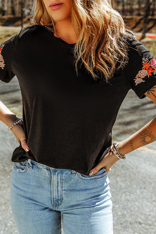 CLEARANCE Casual Floral Embroidered Round Neck T Shirt