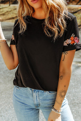 CLEARANCE Casual Floral Embroidered Round Neck T Shirt