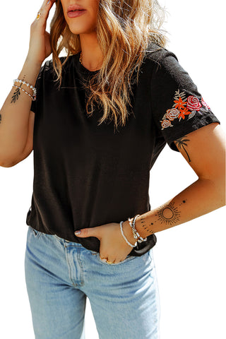 CLEARANCE Casual Floral Embroidered Round Neck T Shirt