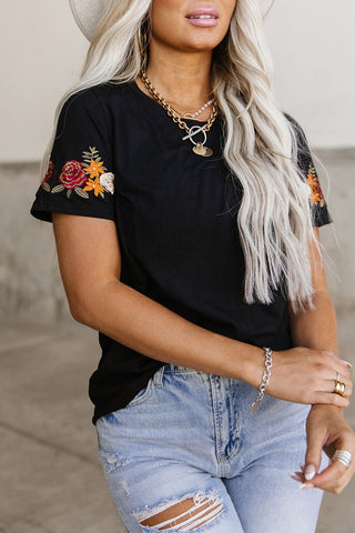 CLEARANCE Casual Floral Embroidered Round Neck T Shirt