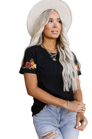CLEARANCE Casual Floral Embroidered Round Neck T Shirt
