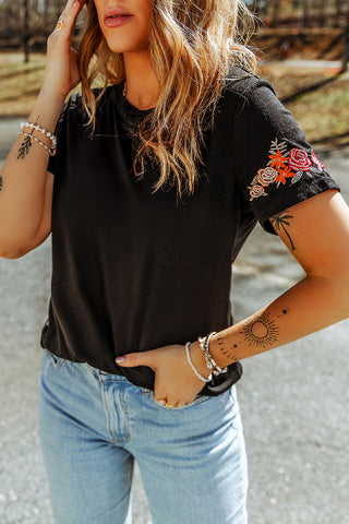 CLEARANCE Casual Floral Embroidered Round Neck T Shirt