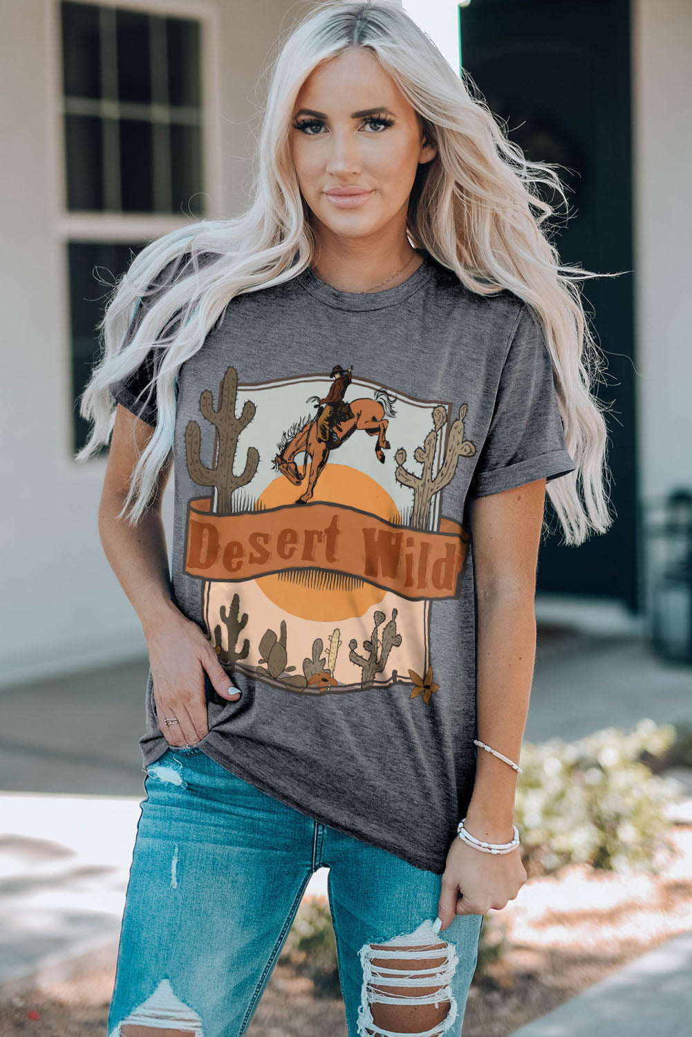 Gray Desert Wild Cowboy Cactus Print Short Sleeve Graphic Tee