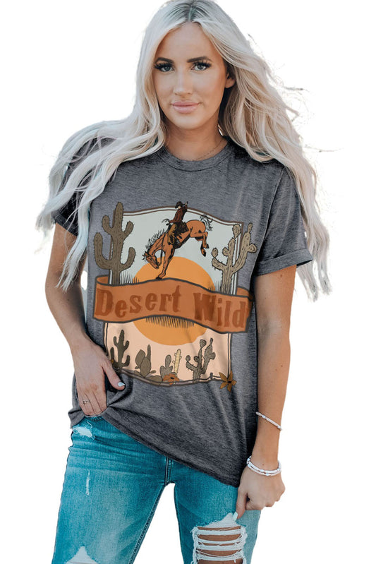 Gray Desert Wild Cowboy Cactus Print Short Sleeve Graphic Tee