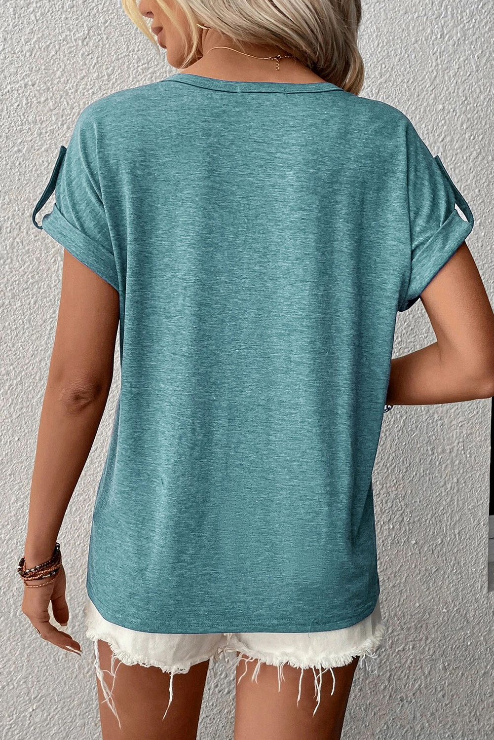 Light Blue Solid Button V Neck Short Sleeve Top