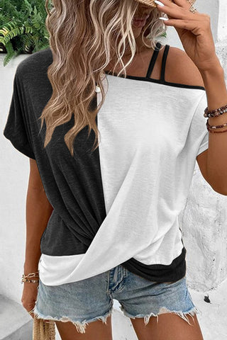 CLEARANCE Colorblock Strappy Cold Shoulder Twist Hem Top