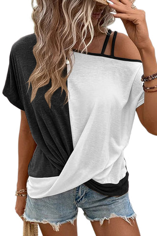 CLEARANCE Colorblock Strappy Cold Shoulder Twist Hem Top