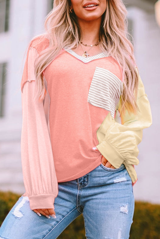 Rose Striped Color Block Splicing Long Sleeve Shirt