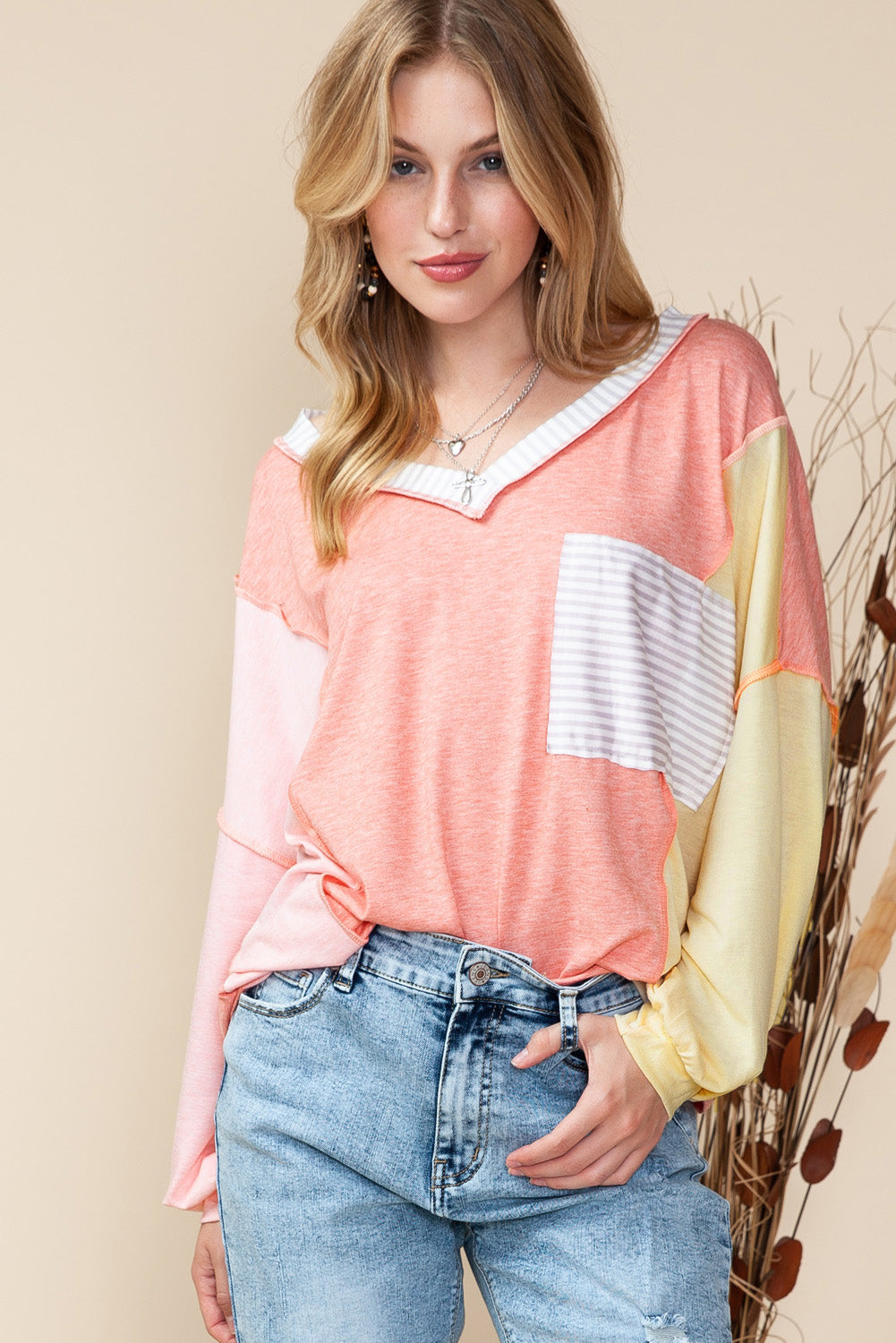 Rose Striped Color Block Splicing Long Sleeve Shirt