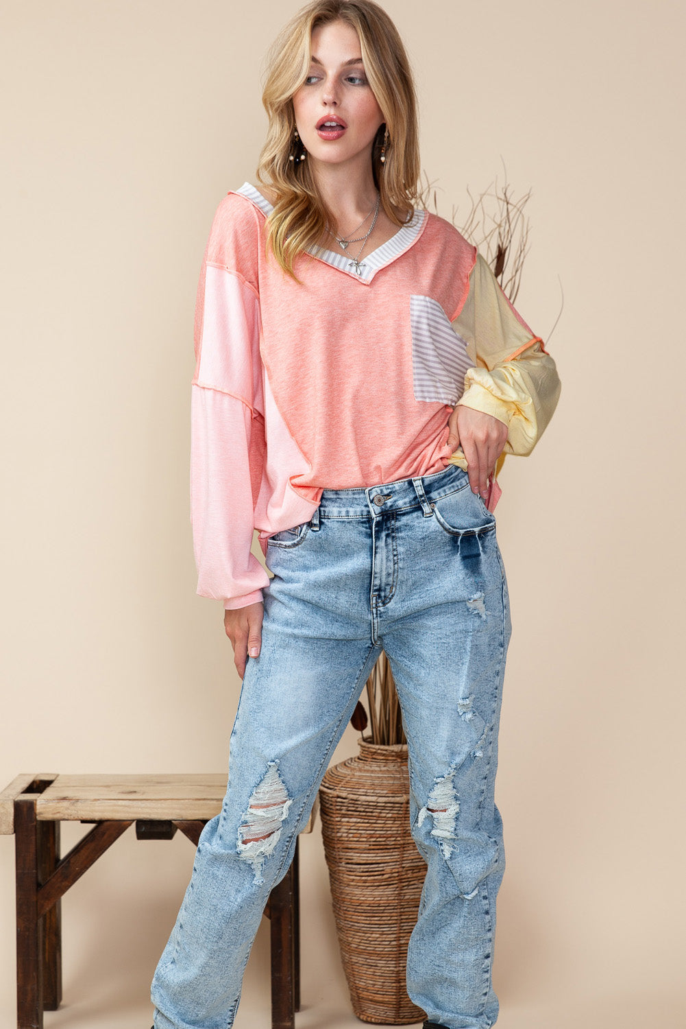 Rose Striped Color Block Splicing Long Sleeve Shirt