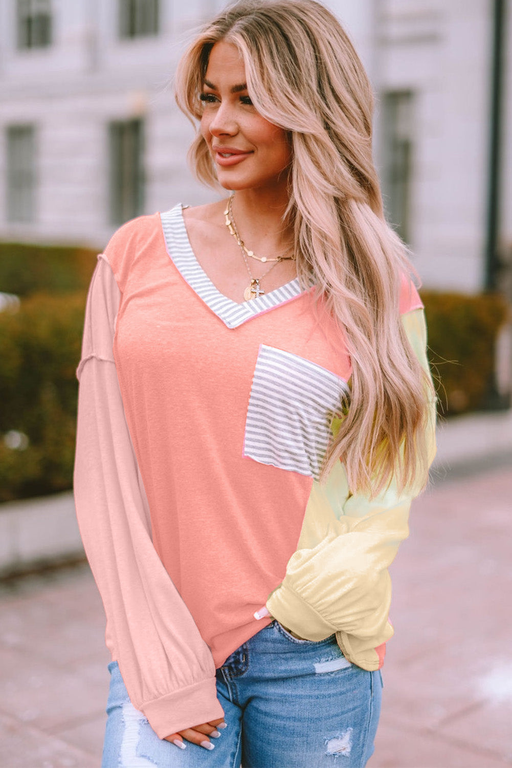 Rose Striped Color Block Splicing Long Sleeve Shirt