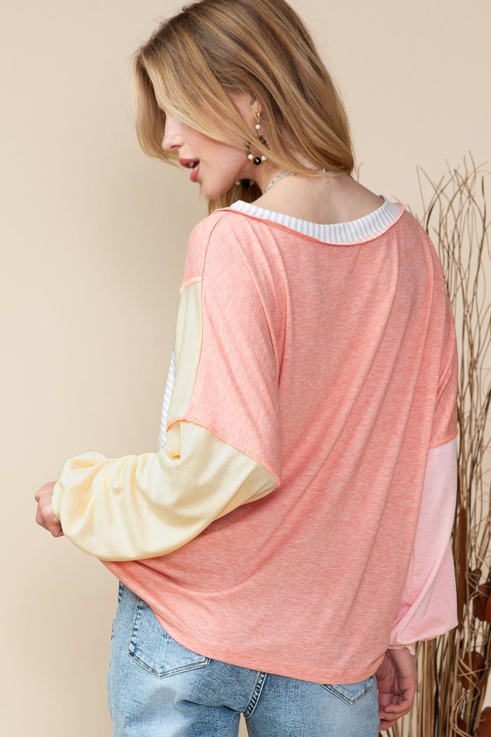 Rose Striped Color Block Splicing Long Sleeve Shirt