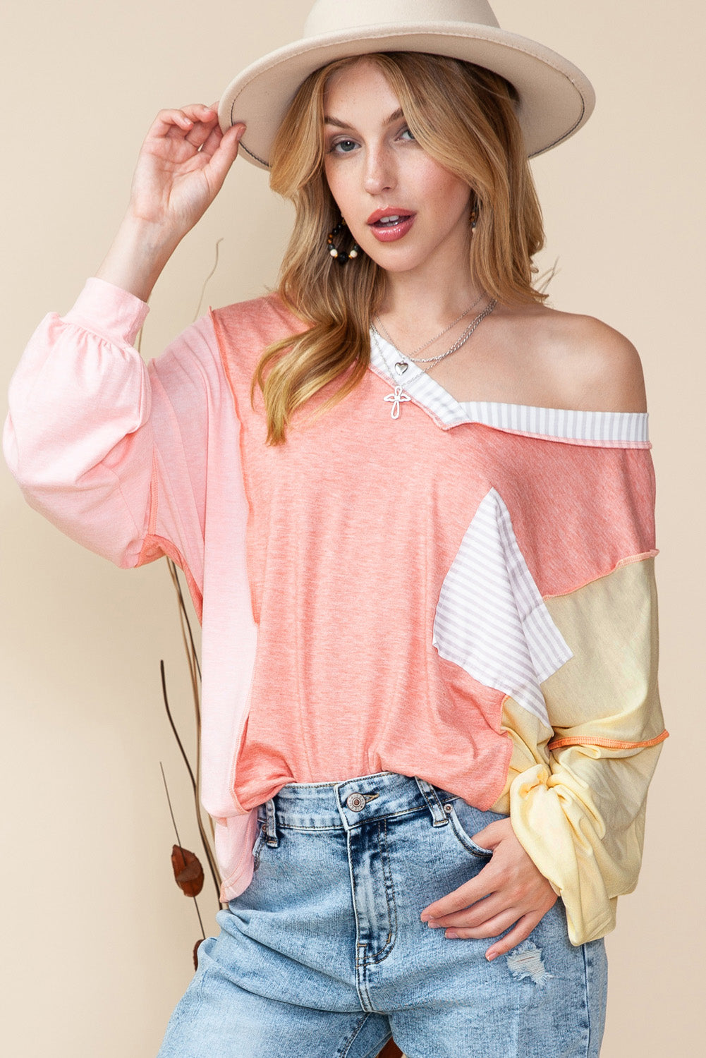 Rose Striped Color Block Splicing Long Sleeve Shirt