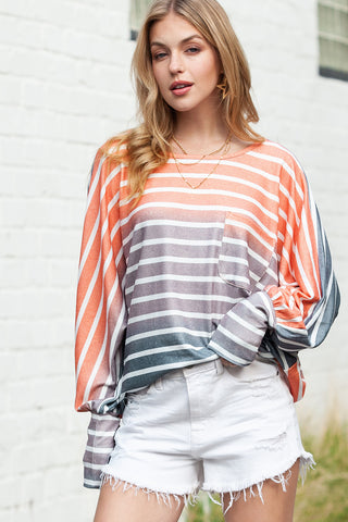 ***CLEARANCE*** Stripe Gradient Color Oversized Long Sleeve Top