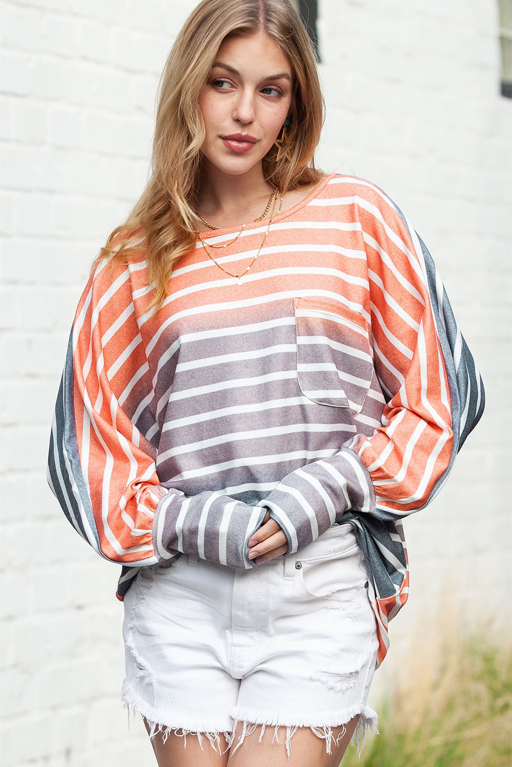 Stripe Gradient Color Oversized Long Sleeve Top