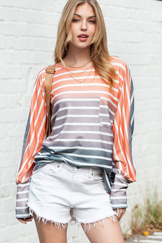 ***CLEARANCE*** Stripe Gradient Color Oversized Long Sleeve Top