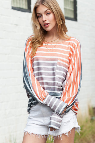 ***CLEARANCE*** Stripe Gradient Color Oversized Long Sleeve Top