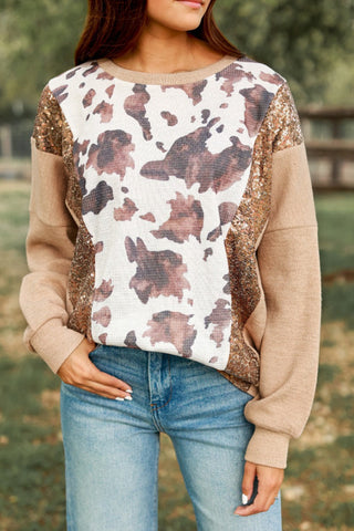 ****clearance**** Smoke Gray Abstract Print Sequin Patch Pullover Top